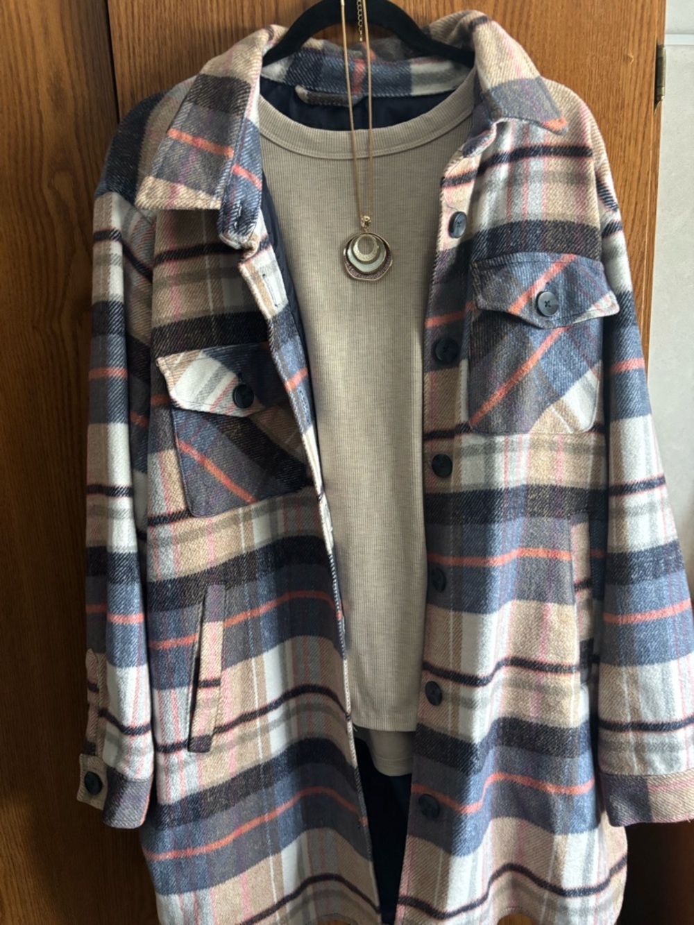 Plaid Long Shacket Jacket - Navy, Cream & Pink